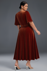 Curveins Plus Size Wrap V-Neck Belted Asymmetrical Hem Velvet Maxi Dress