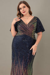 Curveins Plus Size Glam V-Neck Batwing Sleeve Curve-Flattering Sequin Dress