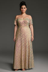 Curveins Plus Size Off-Shoulder Waist Cinched Striped Sequin Maxi Evening Dress