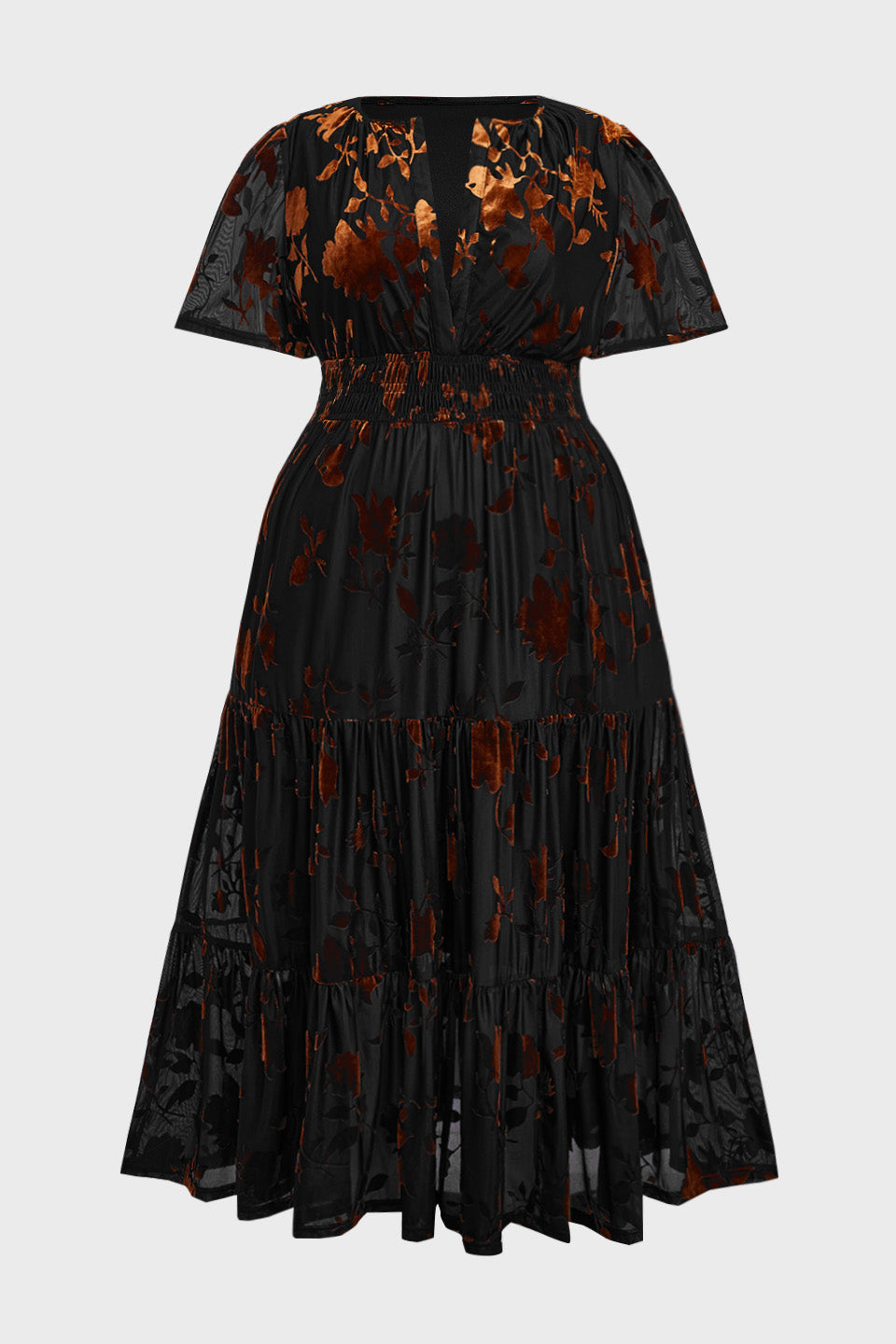 Curveins Plus Size Velvet V-Neck Ruched  Dress