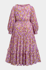 Curveins Plus Size V-Neck Floral Waist-Cinching Maxi Dress with Lantern Sleeves