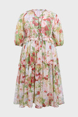 Curveins Plus Size Round Neck Floral Wrap Waist Tiered Maxi Dress