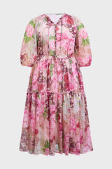 Curveins Plus Size Round Neck Floral Wrap Waist Tiered Maxi Dress