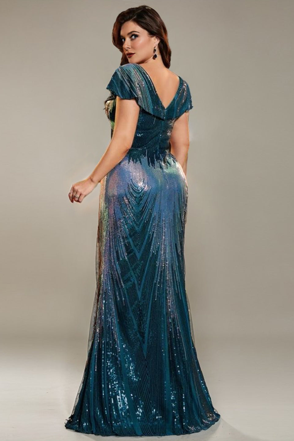 Curveins Plus Size Elegant V-Neck Cap Sleeve Sequin Bodycon Maxi Dress