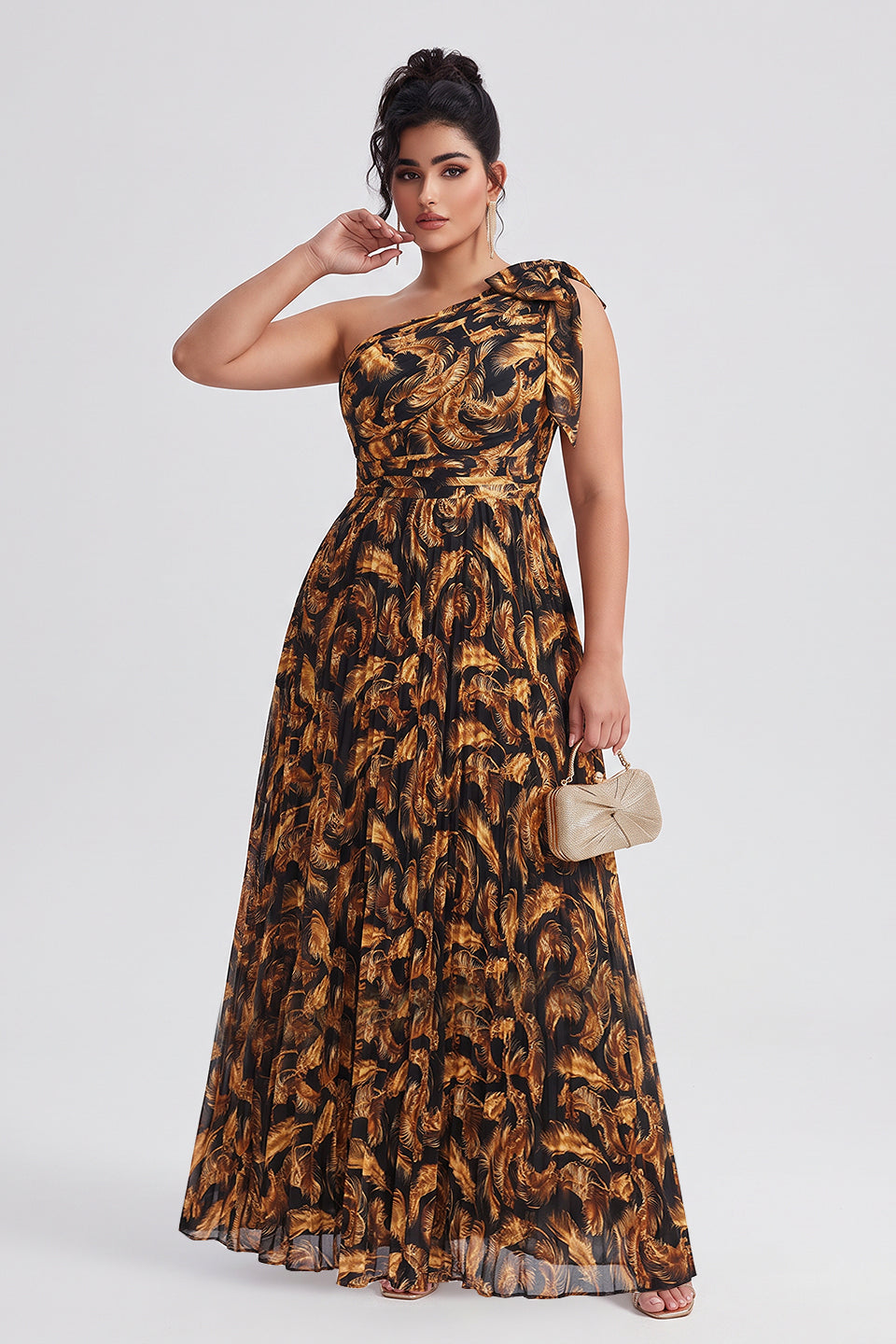 Curveins Plus Size One Shoulder Striped Cinched Waist Flowy Maxi Dress