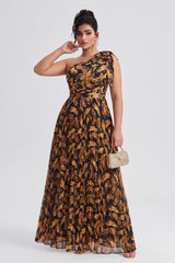 Curveins Plus Size One Shoulder Striped Cinched Waist Flowy Maxi Dress