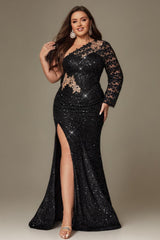 Curveins Plus Size One Shoulder Sequin High Slit Elegant Glamorous Evening Maxi Dress