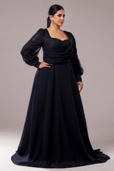 Curveins Plus Size V-Neck Long Sleeve Elegant Panel Maxi Dress