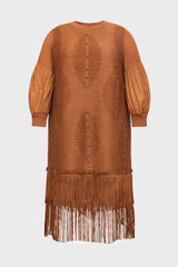 Curveins Plus Size Crew Neck Long Sleeve Stretch Fringe Hem Midi Dress