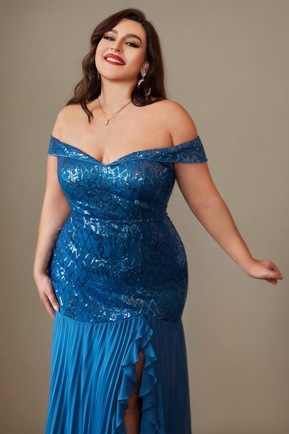 Curveins Plus Size Off-Shoulder Sequin Patchwork Maxi Dress with Side Slit