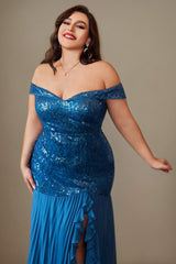 Curveins Plus Size Off-Shoulder Sequin Patchwork Maxi Dress with Side Slit