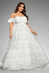 Curveins Plus Size Off-Shoulder Elegant Floral Detail Cinched-Waist Maxi Dress