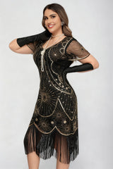 Curveins 1920s Black Daisy Plus Size Vintage Beaded Tassel Flapper Dress