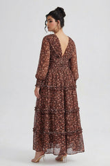 Curveins Plus Size V Neck Long Sleeve Floral Tiered Maxi Dress