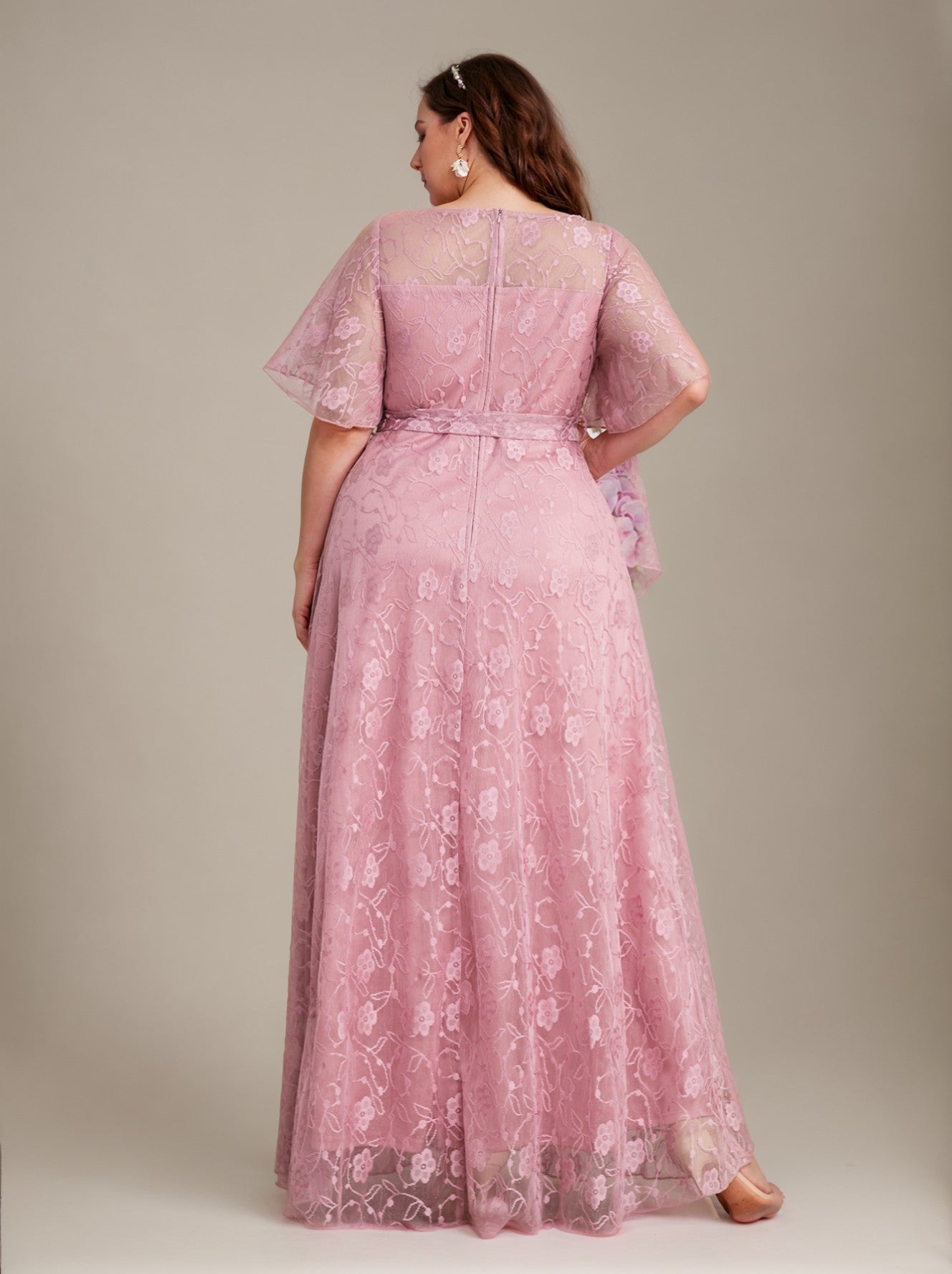 Curveins Plus Size Round Neck Batwing Sleeve Lace Tie Waist Maxi Dress