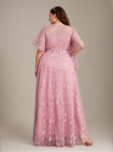 Curveins Plus Size Round Neck Batwing Sleeve Lace Tie Waist Maxi Dress