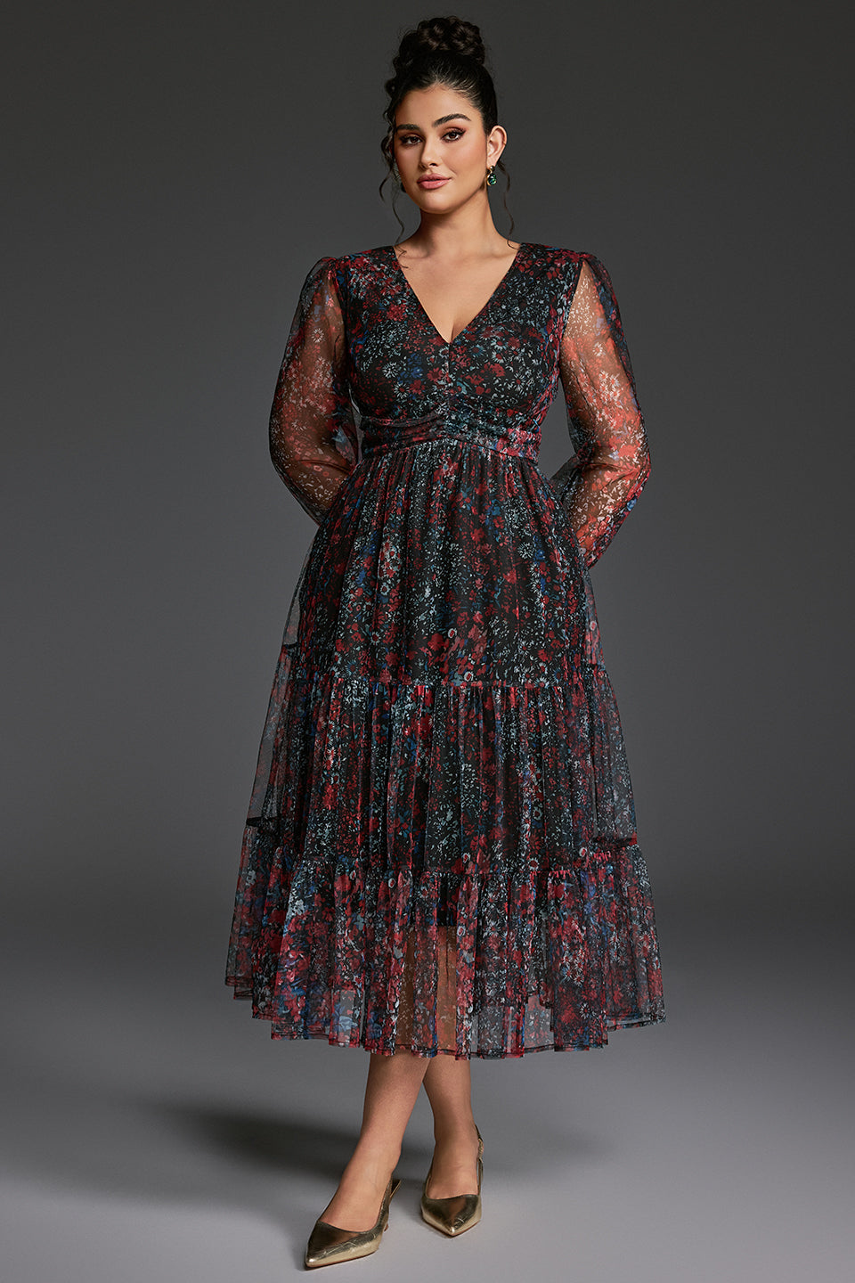 Curveins Plus Size V-Neck Floral Asymmetrical Hem Maxi Dress