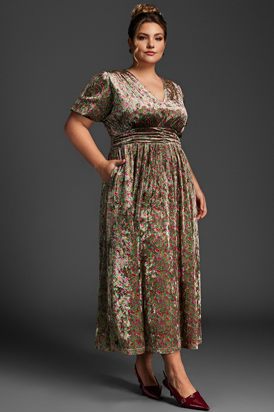 Curveins Plus Size Velvet Floral Puff Sleeves V-Neck Ruched Maxi Dress