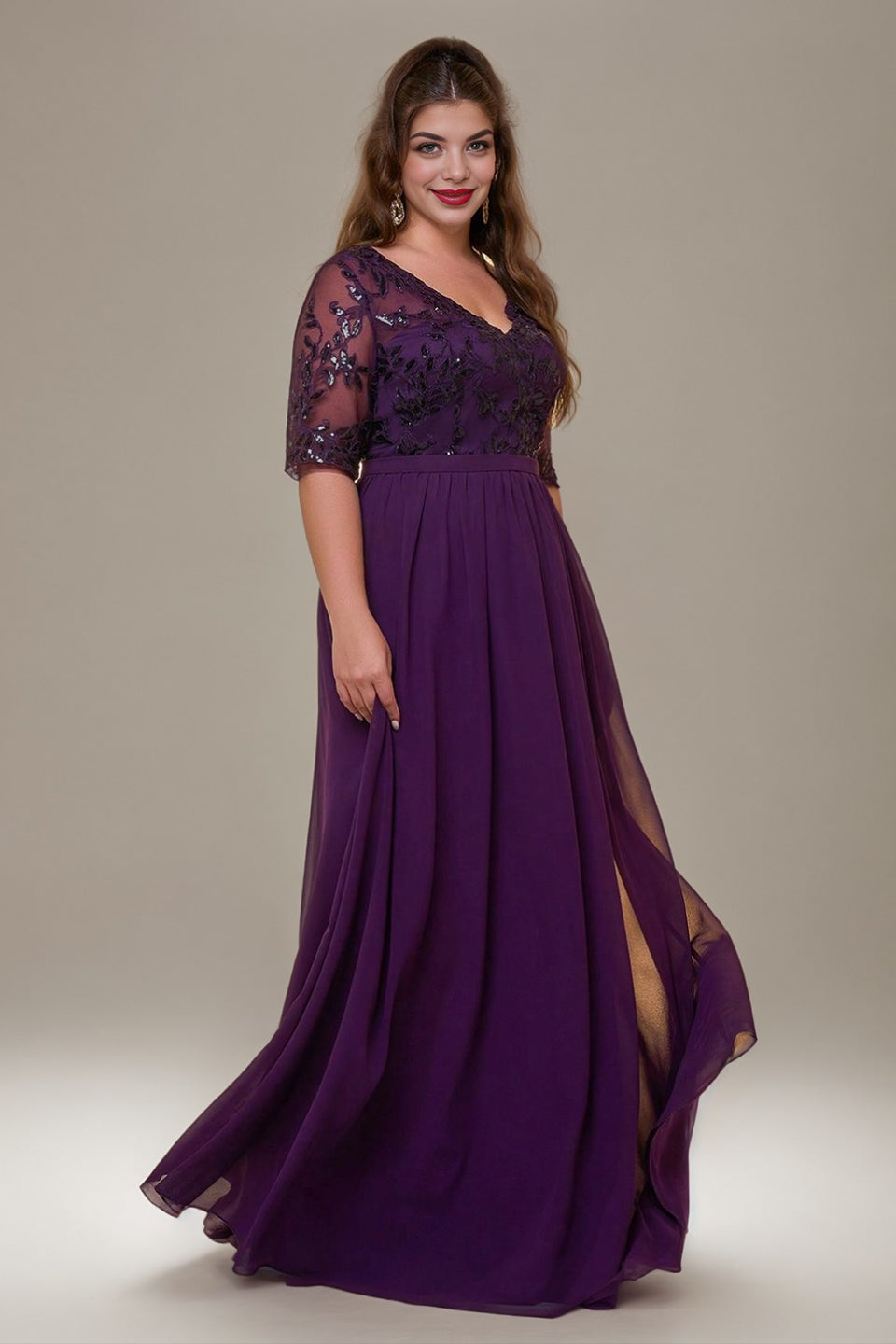 Curveins Plus Size V-Neck Sequin Floral Patchwork Maxi Dress