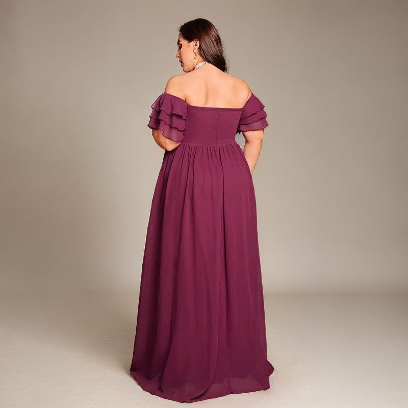 Curveins Plus Size Off Shoulder Pleated Split Maxi Dress