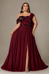 Curveins Plus Size Asymmetric One-Shoulder Sequin Side-Slit Maxi Dress