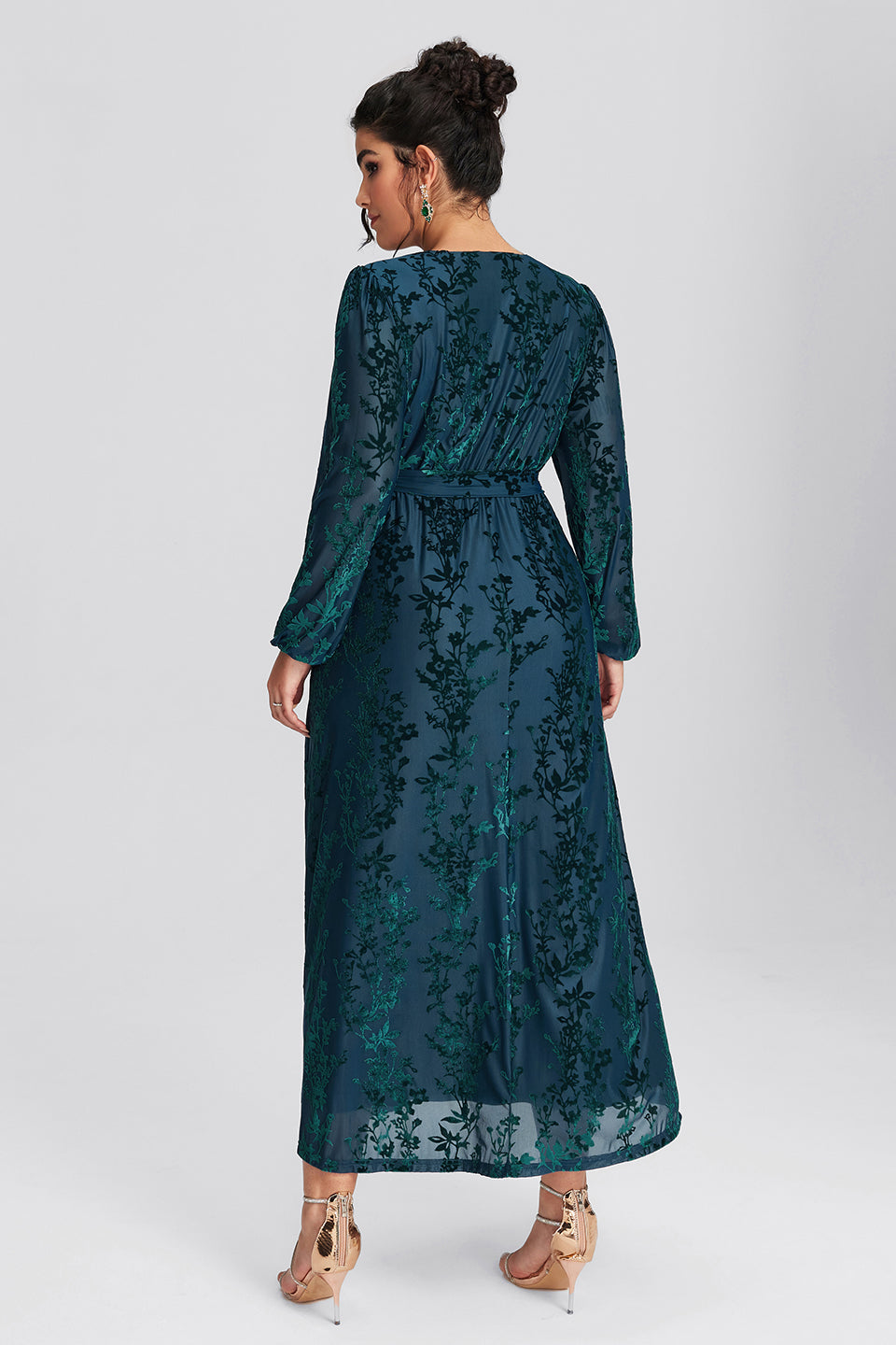 Curveins Plus Size Green Floral Velvet Wrap Maxi Dress