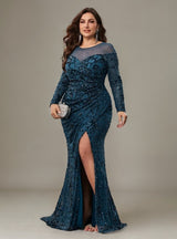 Curveins Plus Size Crew Neck Long Sleeve Floral Sequin Bodycon Slit Maxi Dress