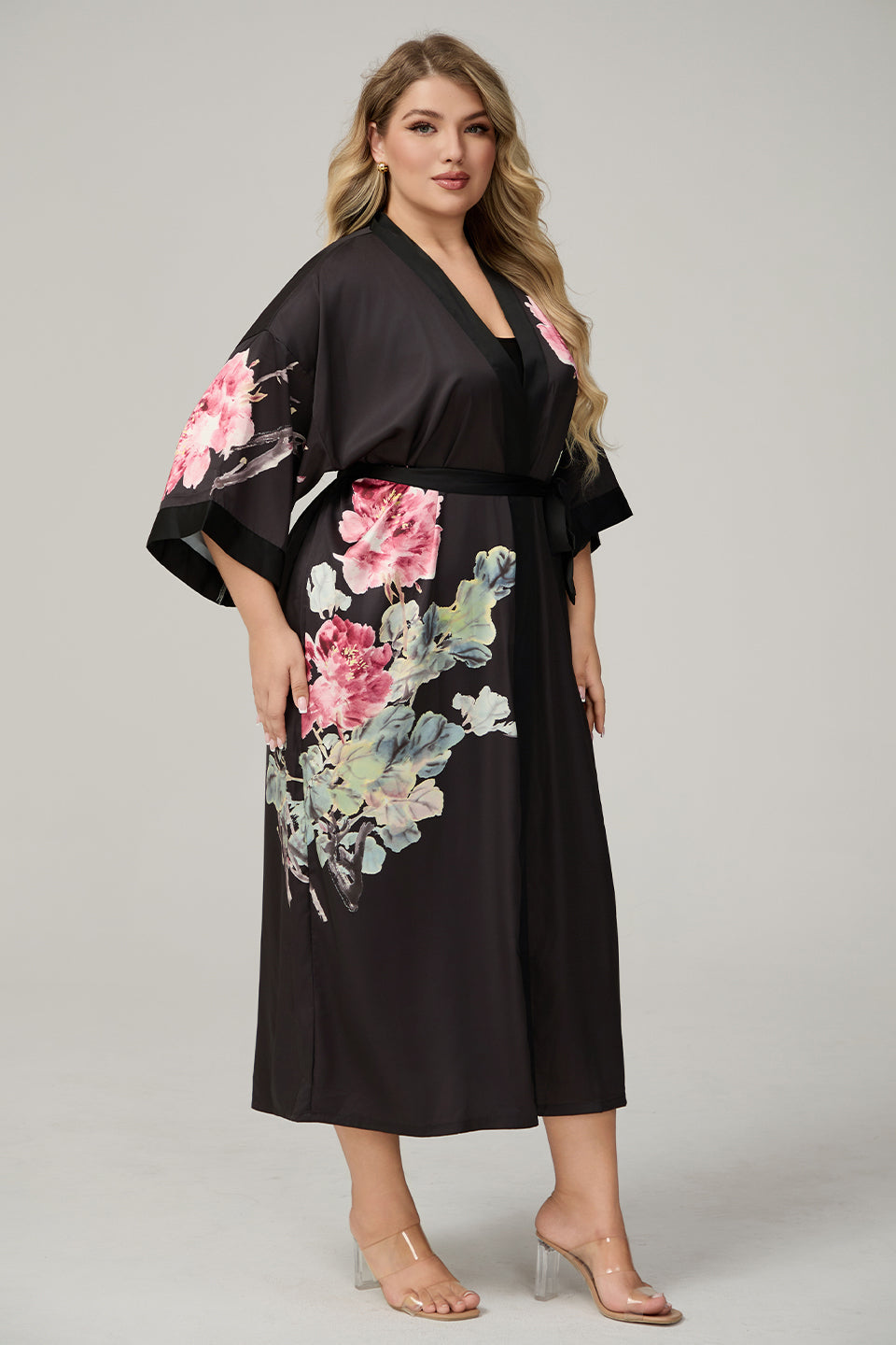 Curveins Plus Size Satin Floral Print 3/4 Sleeve Loose Pajama Set Sleepwear