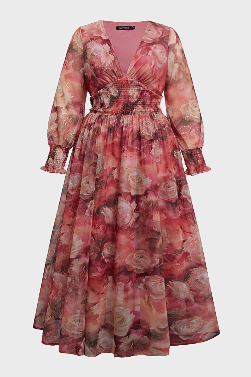 Curveins Plus Size V Neck Long Sleeve Floral Waist Maxi Dress