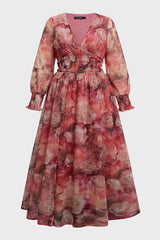 Curveins Plus Size V Neck Long Sleeve Floral Waist Maxi Dress