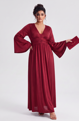 Curveins Plus Size Solid Color Long Sleeve V Neck Ruched Waist Elegant Maxi Dress