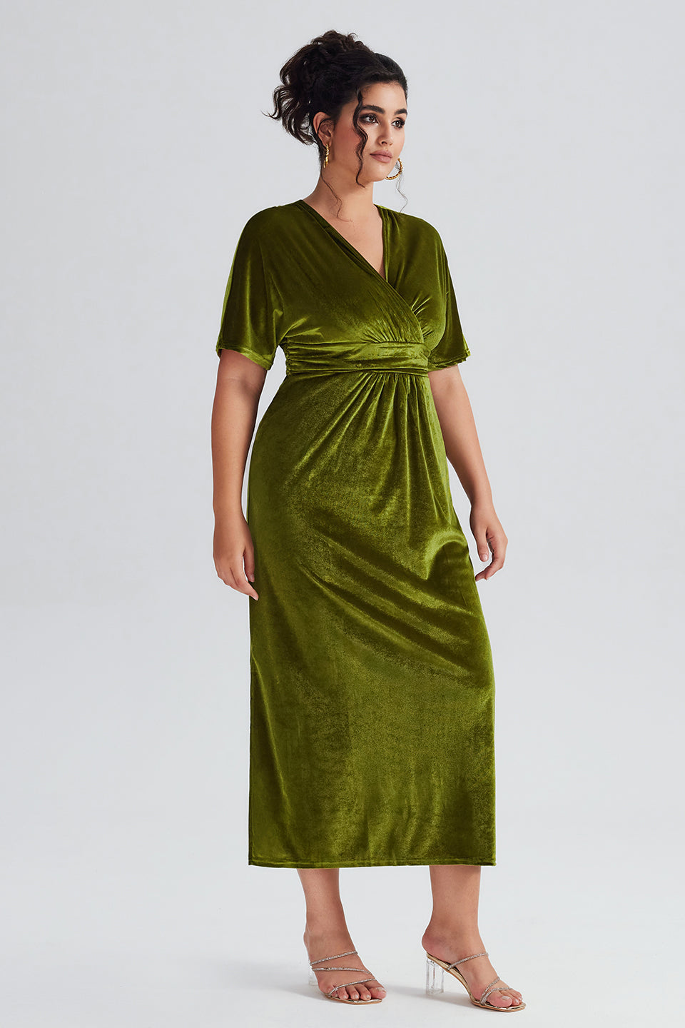 Curveins Plus Size Elegant Velvet V-Neck Shirred Maxi Dress