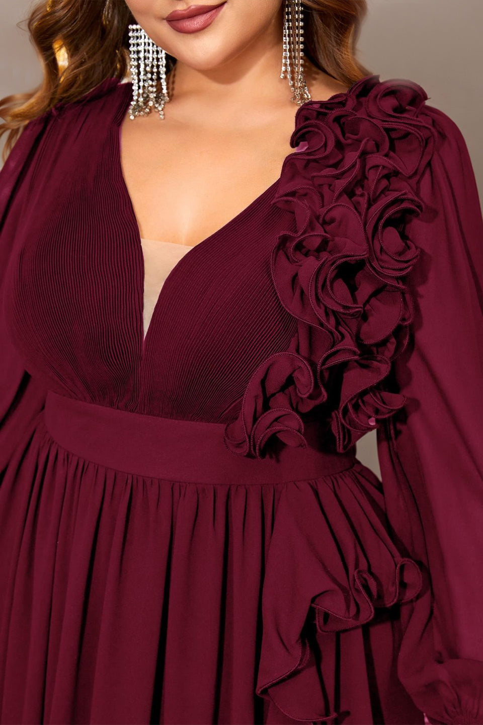 Curveins Plus Size V-Neck Chiffon Maxi Dress with Floral Lantern Sleeves