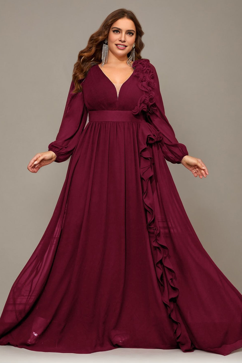 Curveins Plus Size V-Neck Chiffon Maxi Dress with Floral Lantern Sleeves