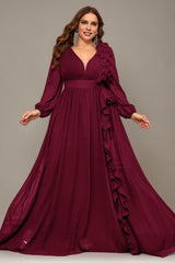 Curveins Plus Size V-Neck Chiffon Maxi Dress with Floral Lantern Sleeves
