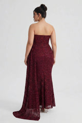 Curveins Plus Size Strapless Sequin Side Sash High Slit Elegant Maxi Dress
