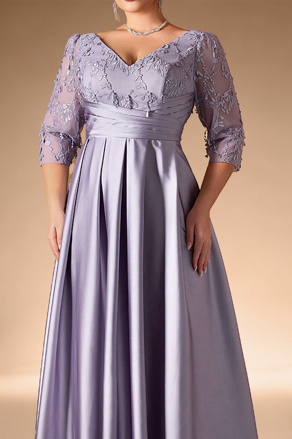 Curveins Plus Size Elegant V-Neck Embroidery Half-Sleeve Slimming Maxi Dress