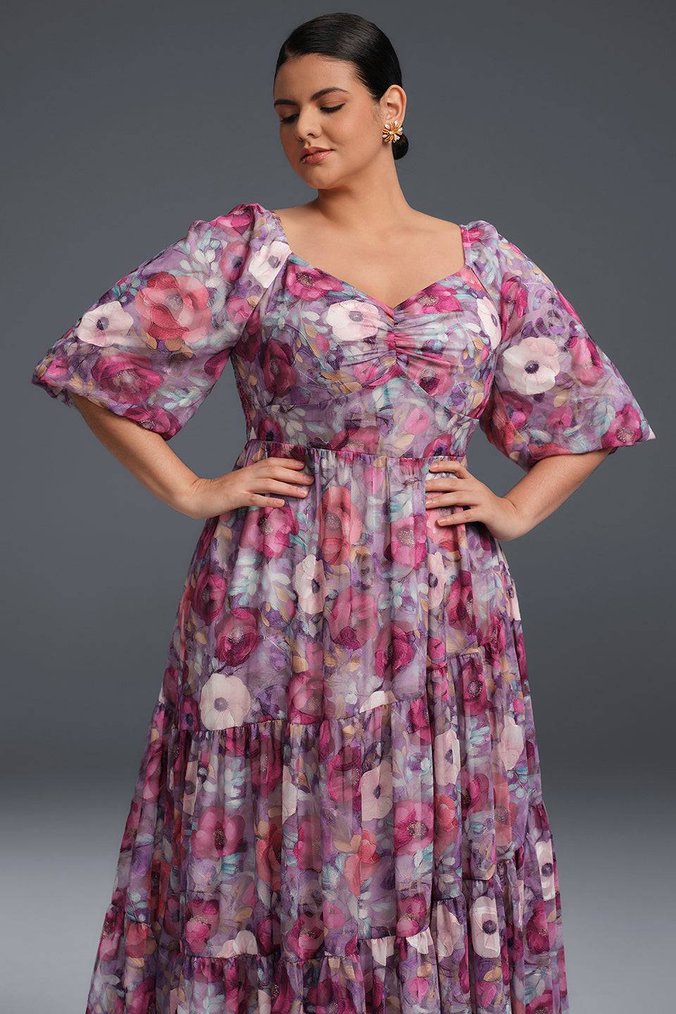 Curveins Plus Size V-Neck Flower Print Pleated Maxi Dress