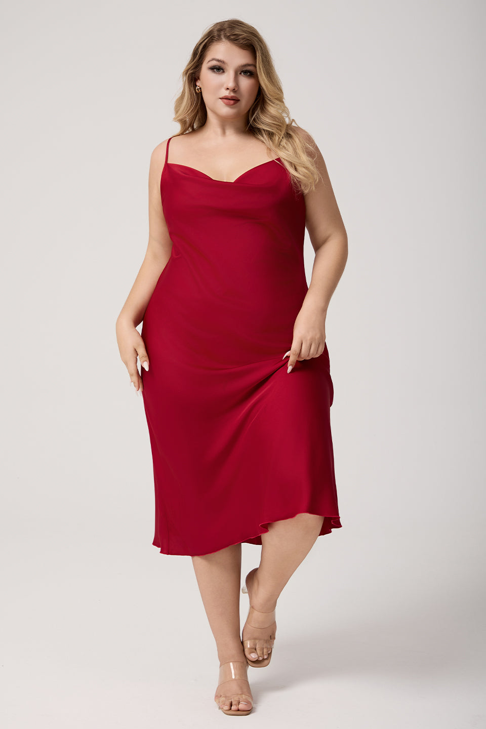 Curveins Plus Size Satin Cowl Neck Spaghetti Strap Loose Fit Sleep Dress