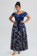 Curveins Plus Size Spaghetti Strap Off-Shoulder Printed Maxi Dress with Patchwork Detail