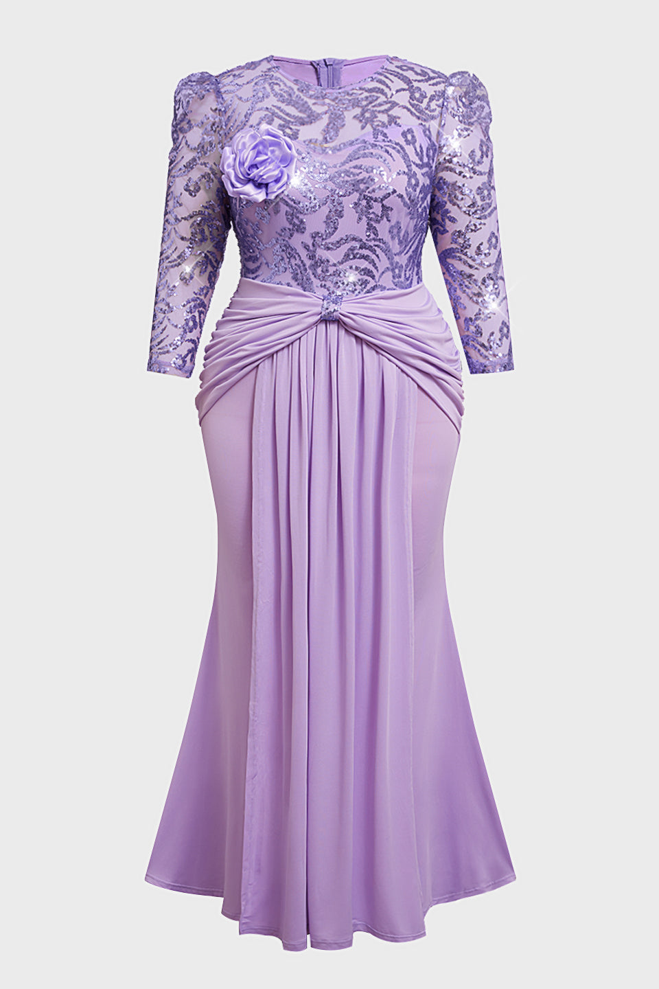 Curveins Plus Size Long Sleeve Lace Patchwork Sequin Maxi Dress with Round Neck