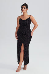 Curveins Plus Size Velvet Halter V-Neck Slit Maxi Dress