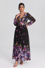 Curveins Plus Size V Neck Floral Long Sleeve Flowy Elegant Casual Maxi Dress