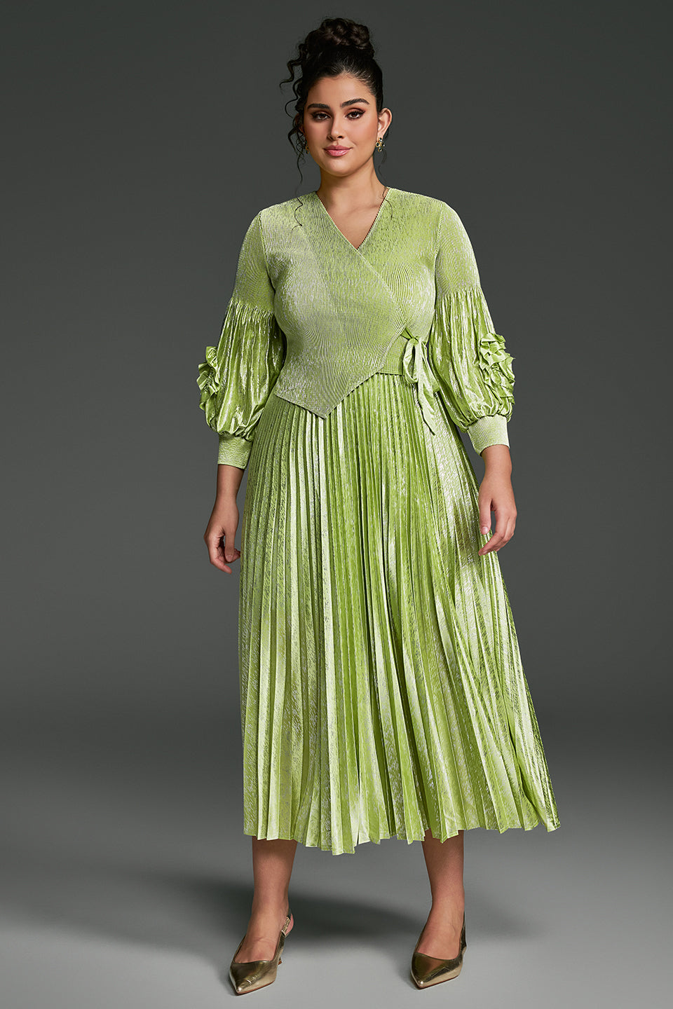Curveins Plus Size V-Neck Long Sleeve Waist Tie Pleated Maxi Dress