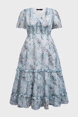 Curveins Plus Size V-Neck Floral Ruffle Sleeve Maxi Dress