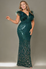 Curveins Elegant Curve Hugging V Neck Sleeveless Sequin Evening Gown