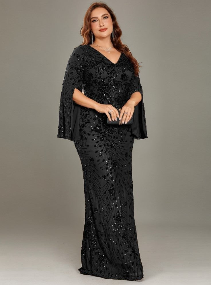 Curveins Plus Size V-Neck Long Sleeves Sequin Floral Bodycon Maxi Dress