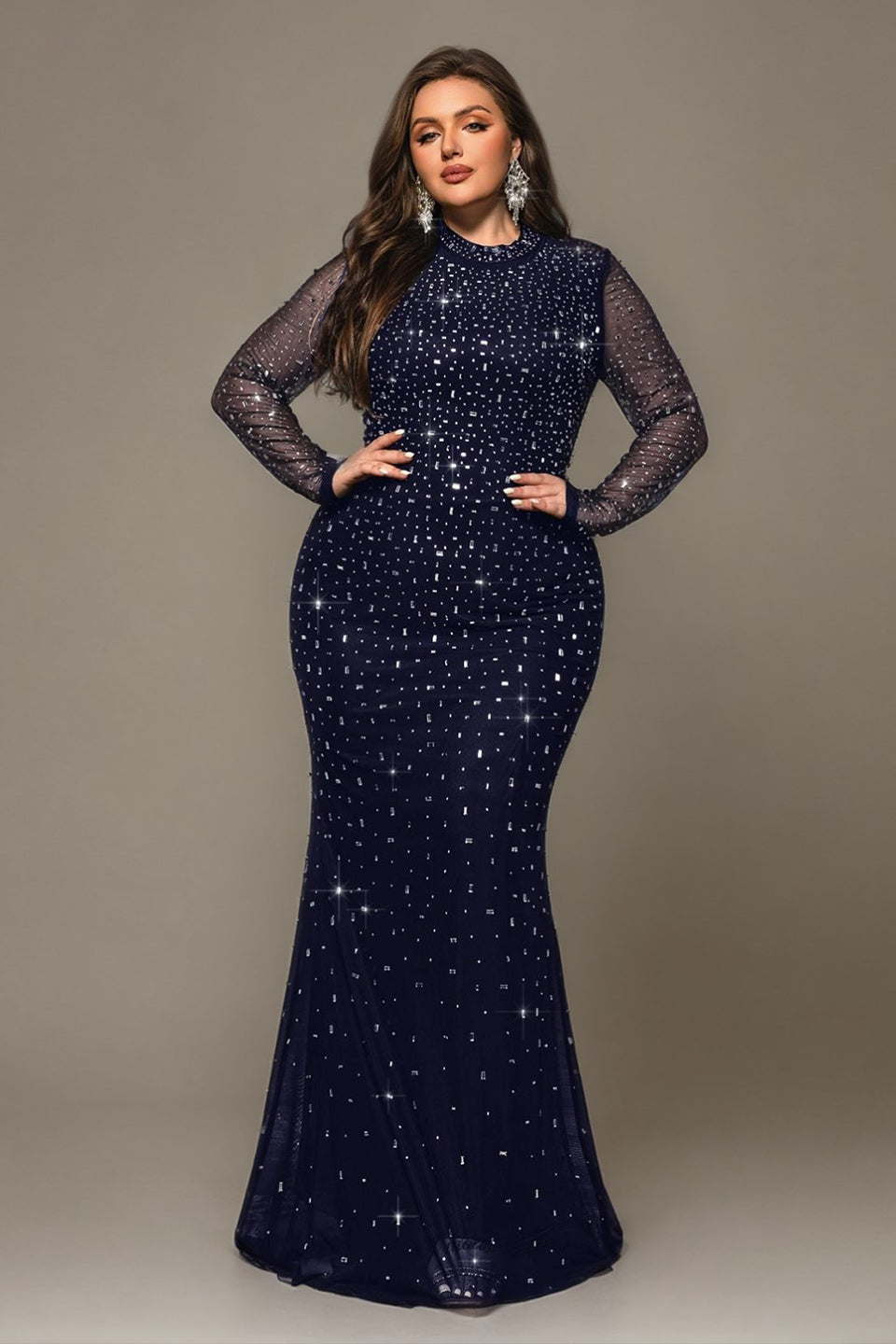 Curveins Plus Size Elegant Round Neck Sheer Sleeves Sequin-Hugging Long Dress