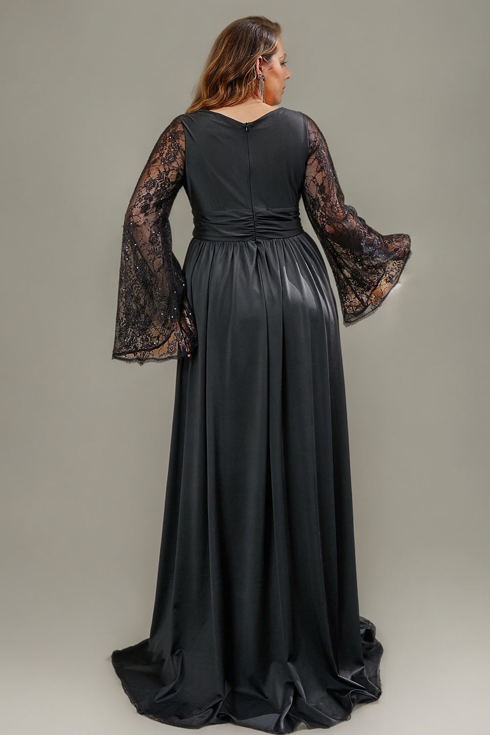 Curveins Plus Size Romantic Lace V Neck Flared Sleeve Slim Waist Split Hem Maxi Dress