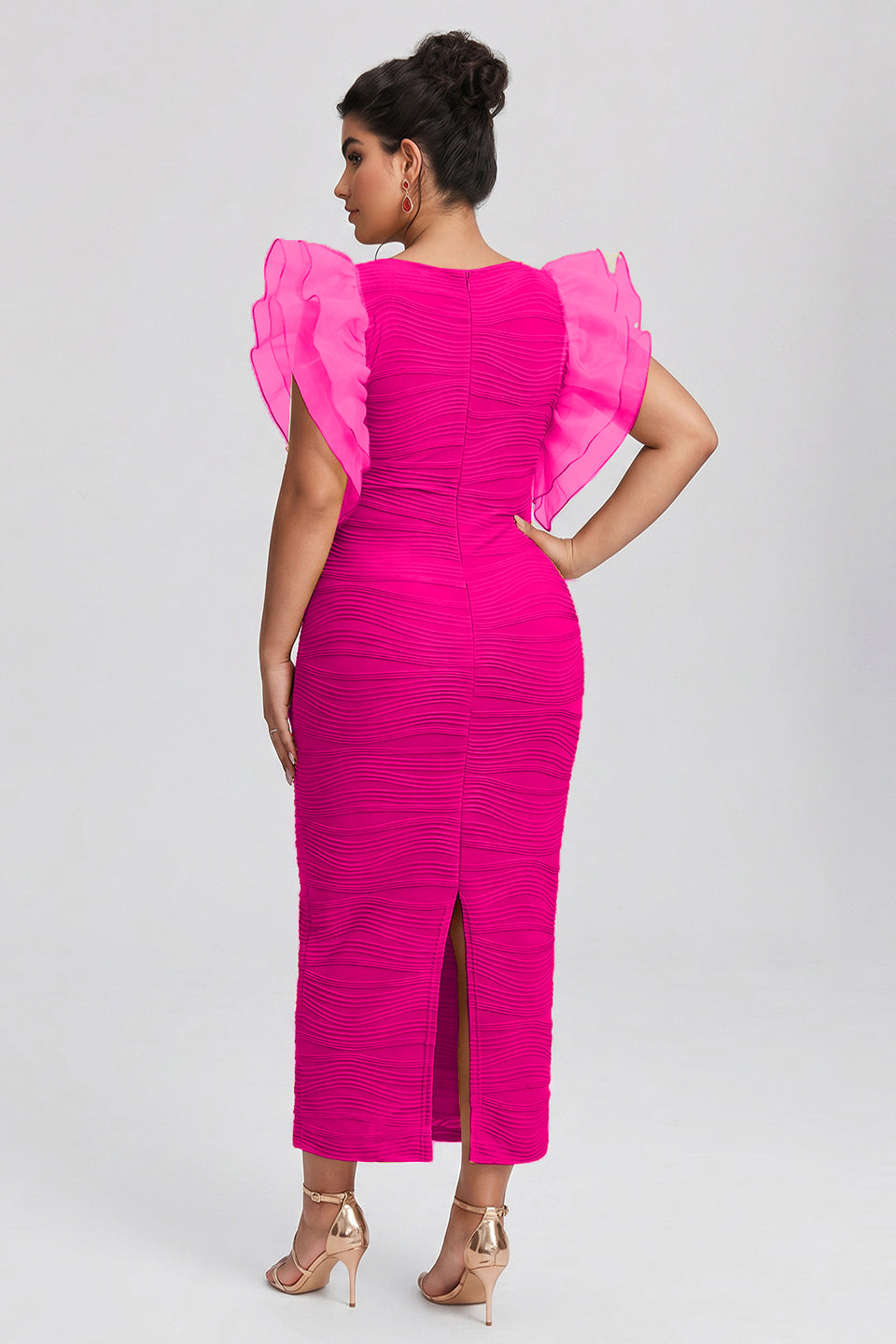 Curveins Plus Size Ruffle Sleeve Color Block Bodycon Midi Dress Elegant Fit